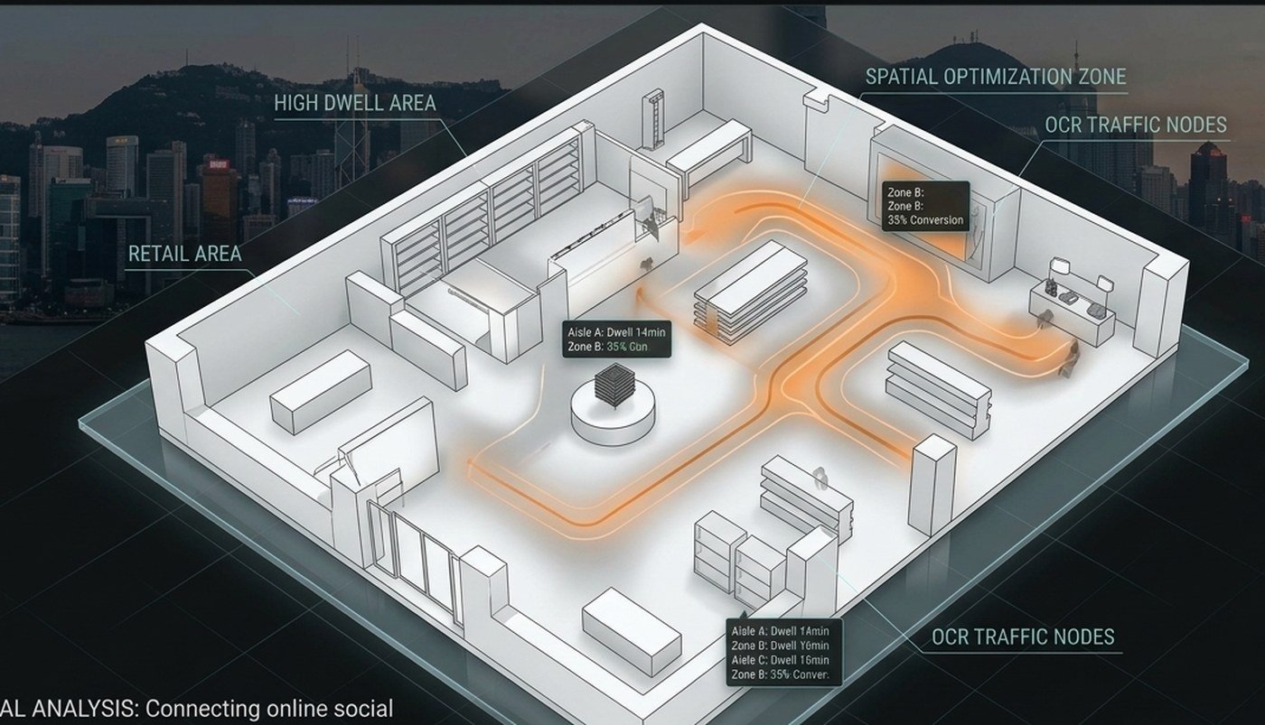 Store-level traffic model showing dwell zones, aisles and conversion nodes